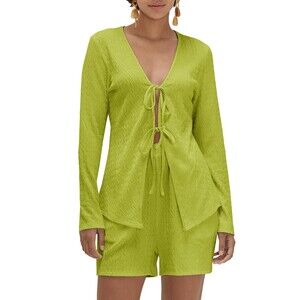 Women's 2 Piece Set Open Front Tie Up Textured Long Sleeve Shirt And Shorts